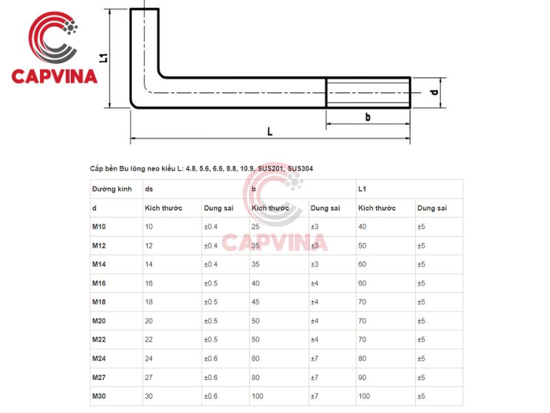 quy cách bu lông neo chữ L